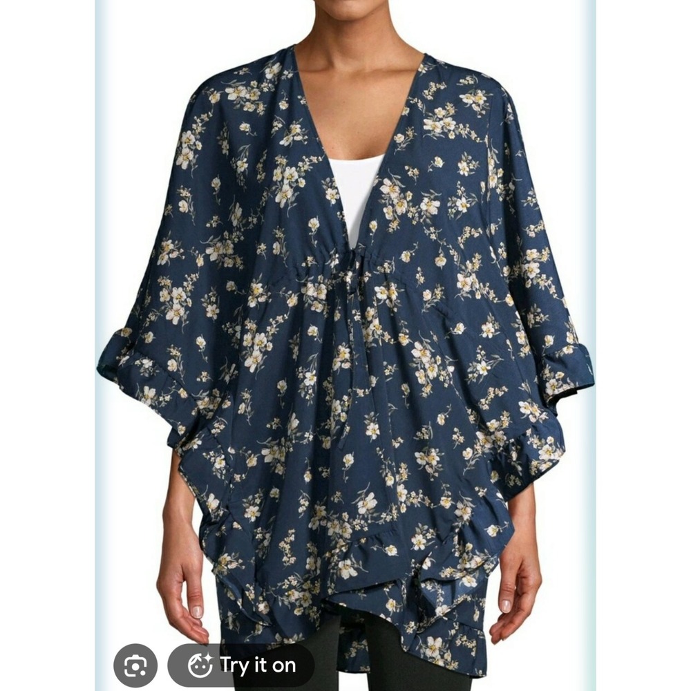 Boho Navy Blue Floral Ruffle Kimono Wrap Cardigan Flutter Sleeve L-XL layered